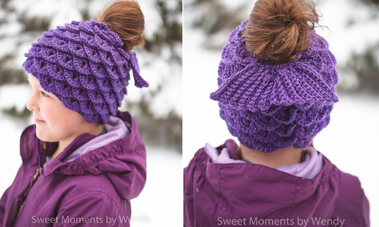 Crochet Lightweight Messy Bun Hat pink and purple