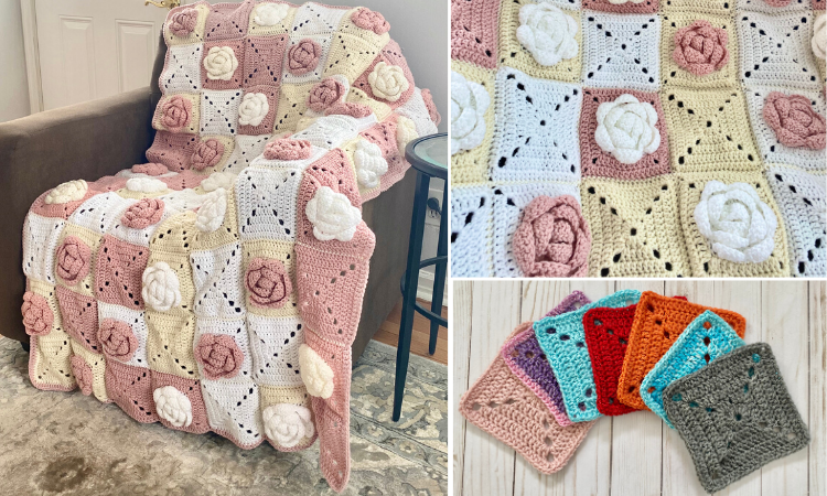 Granny Square Crochet Throw Blanket - Light Pink