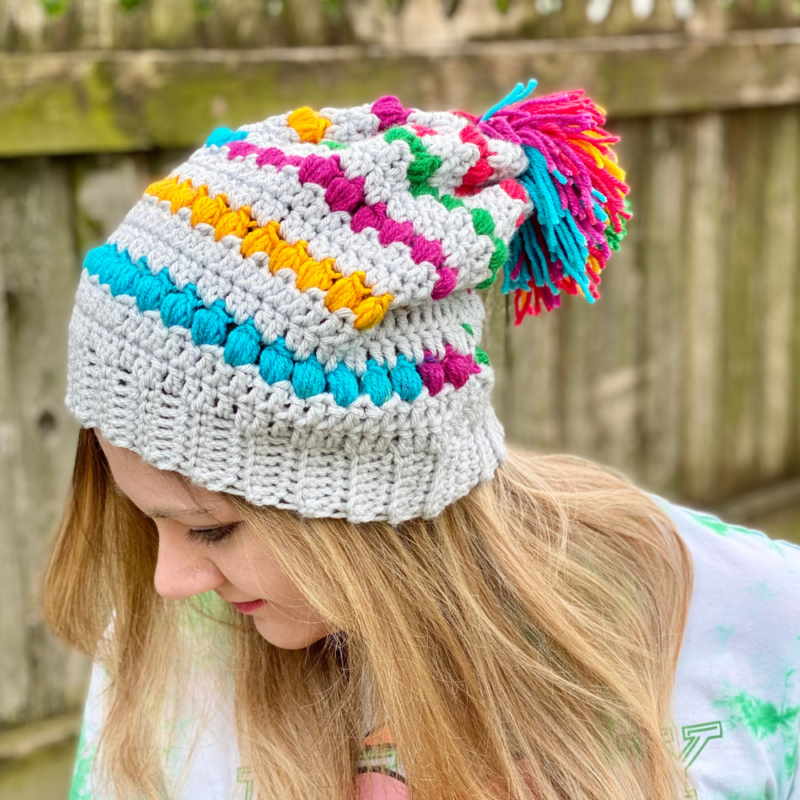 C2C Rainbow Hat with Unicorn Pom Pom - Free Crochet Pattern